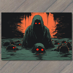 STICKER Glowing Red Eyes Dark Hooded Figures Creepy Water Shadows Night