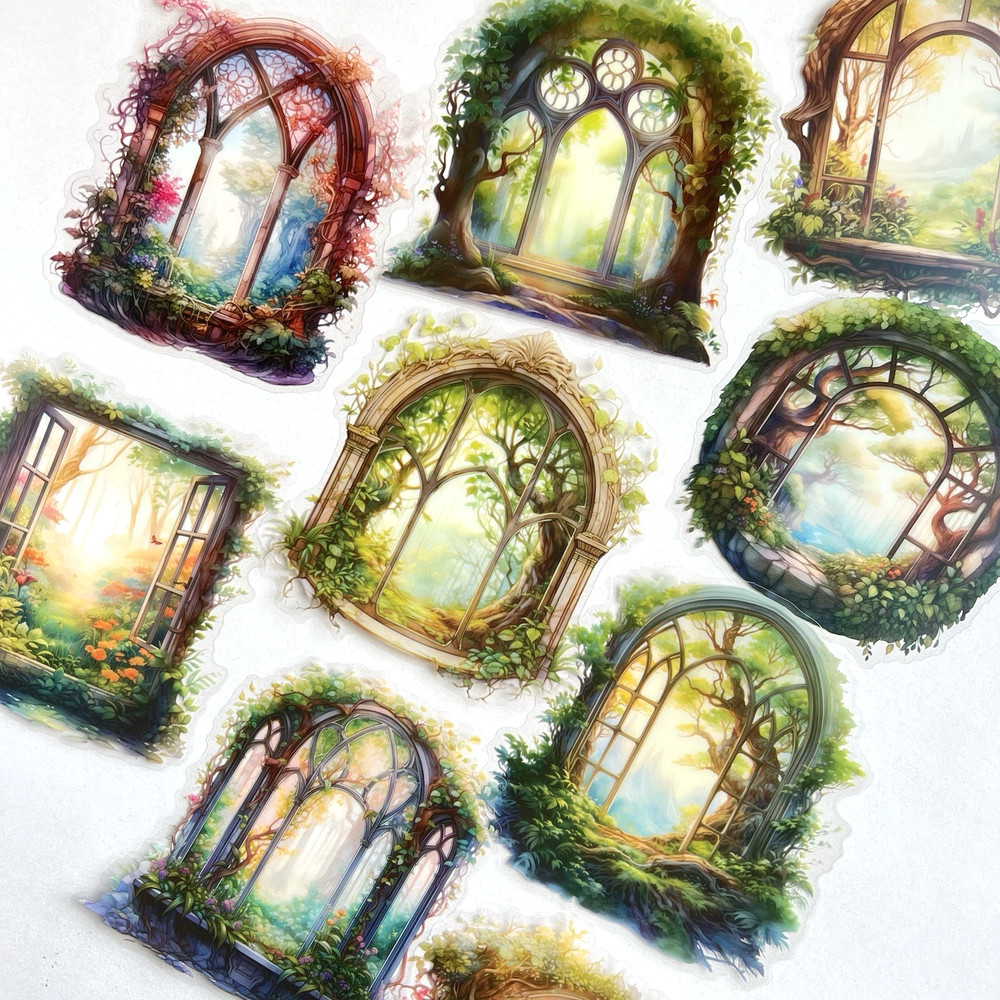Green Forest Gothic Window Stickers Large Flake Junk Journals Collage