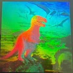 1992 HOLO T-REX STICKER with PTERODACTYL in BACKGROUND-GREAT DEPTH-GREAT COLORS