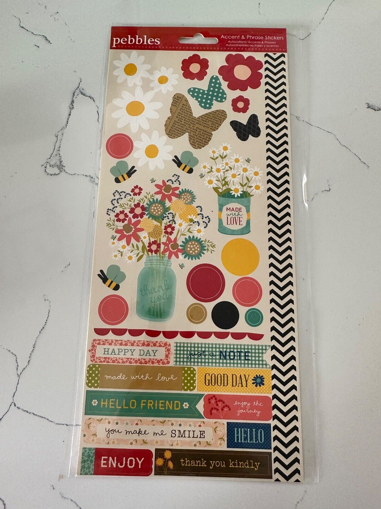 Pebbles Accent & Phrase Stickers Flowers Butterflies Enjoy Hello Scrapbooking