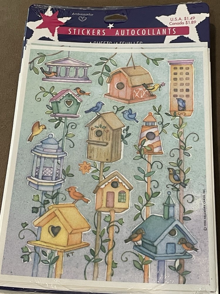 Vintage Ambassador Beautiful Birds Birdhouses Stickers 4 Sheets NIP NOS