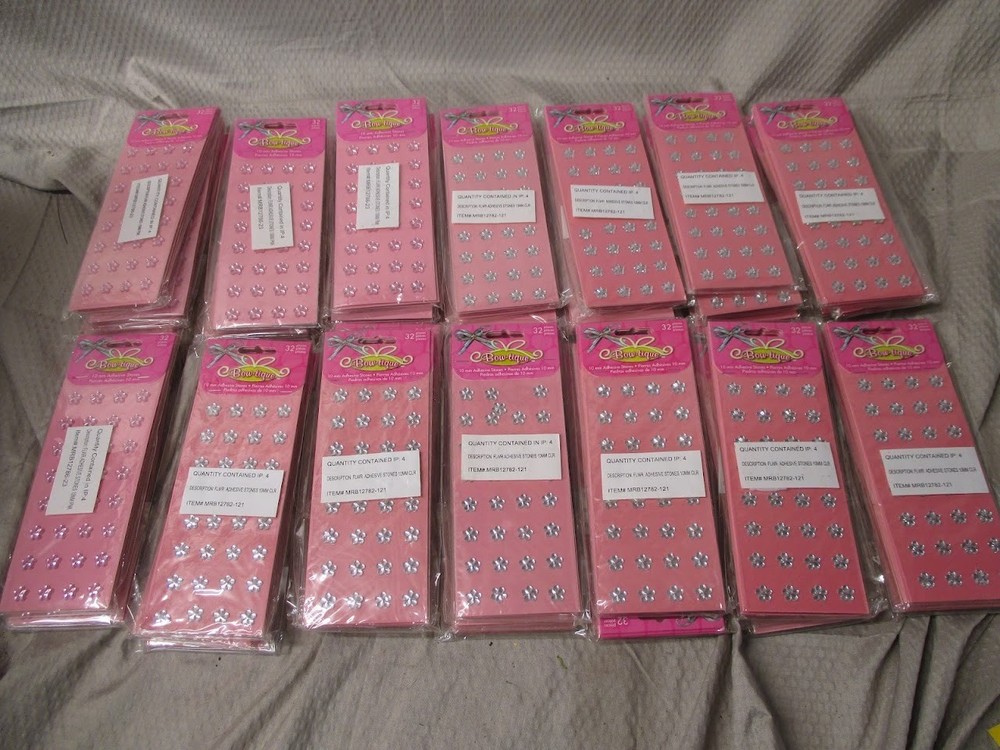 Lot of 160 Bow-Tique Horizon Fabrics 10mm Self Adhesive Pink & Crystal Flowers