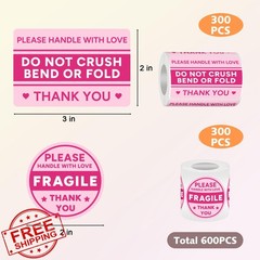 Bueake Pink+red 600 PCS Fragile Shipping Stickers