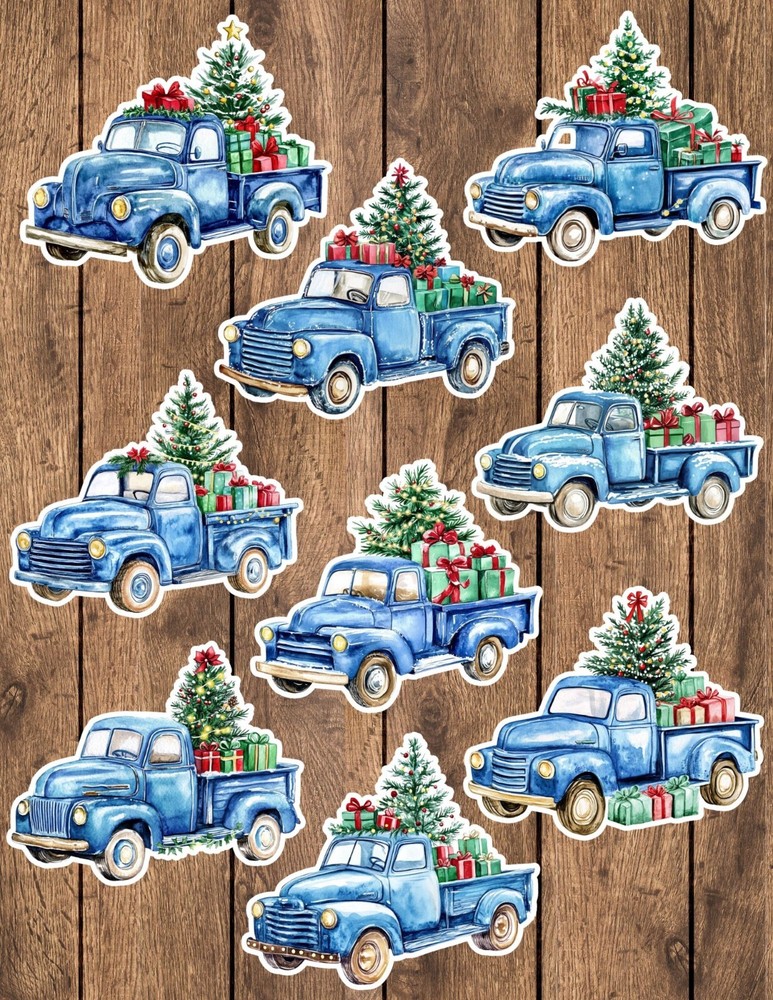 Christmas Blue Truck Die Cut Vinyl Stickers Set Scrapbooking Laptop WaterBottle
