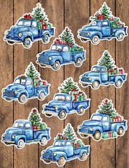 Christmas Blue Truck Die Cut Vinyl Stickers Set Scrapbooking Laptop WaterBottle