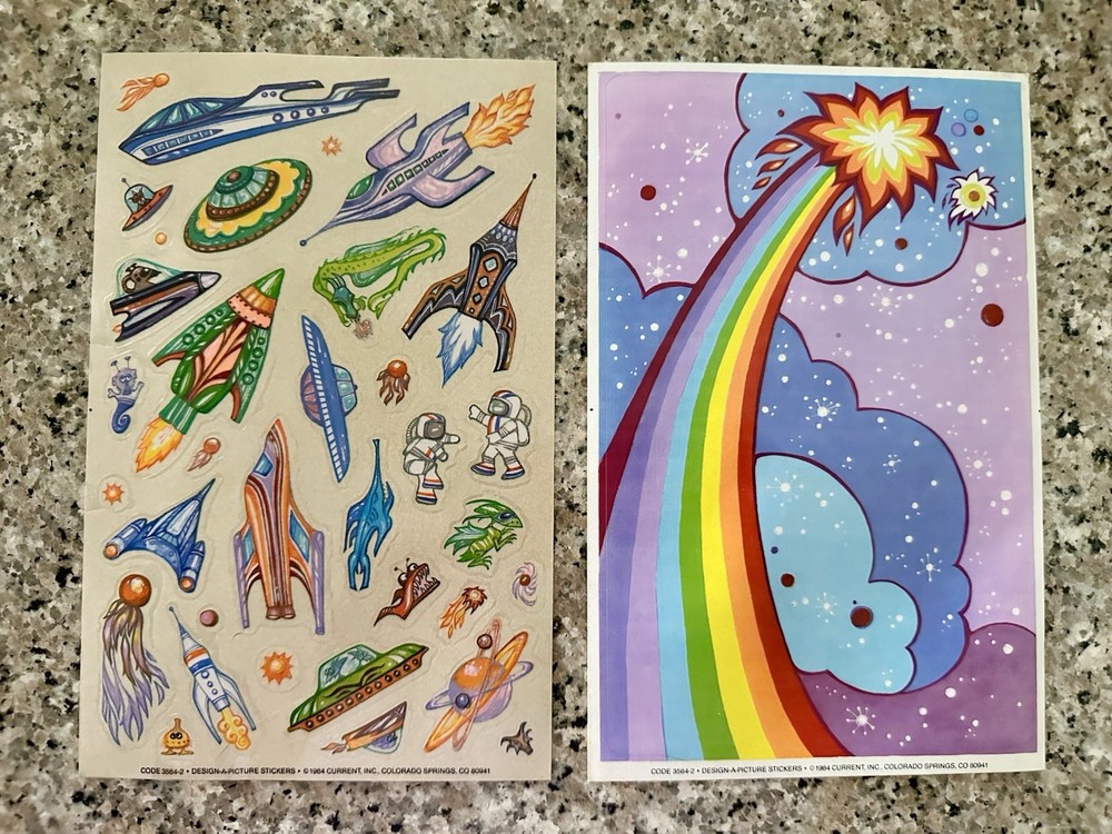 RARE VTG STICKERS CURRENT SPACESHIPS CLEAR RAINBOW STAR LARGE SCENERY SHEET 1984