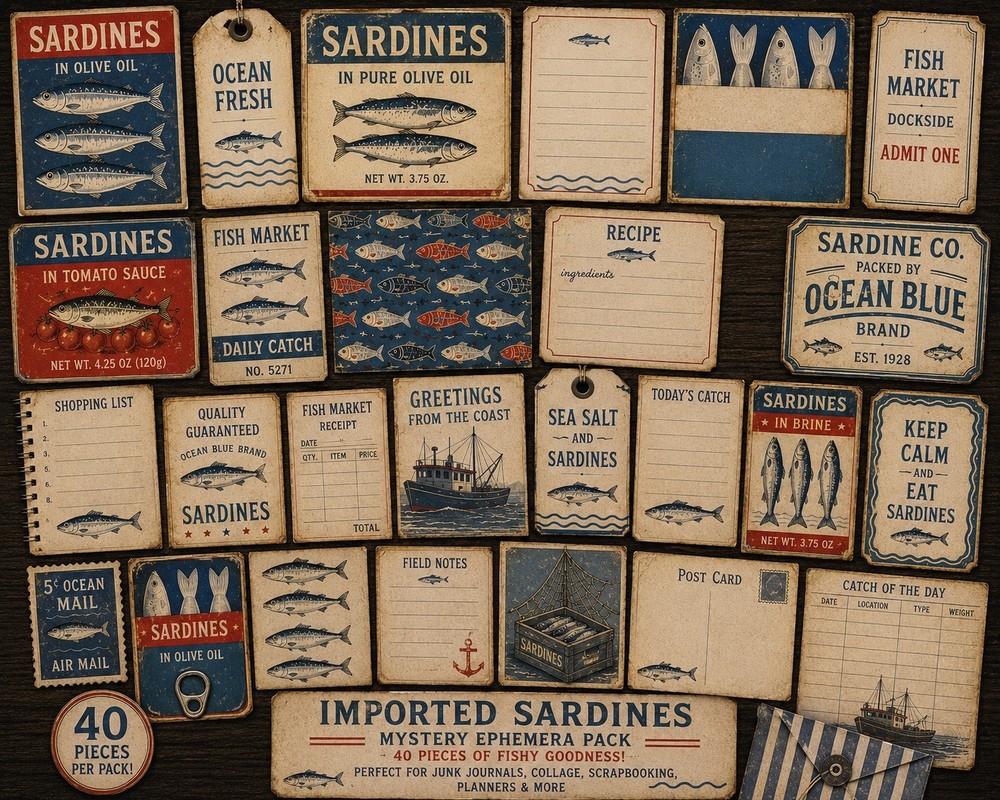 Imported Sardines Mystery Ephemera Pack – 40 Pieces – Retro Fish Market