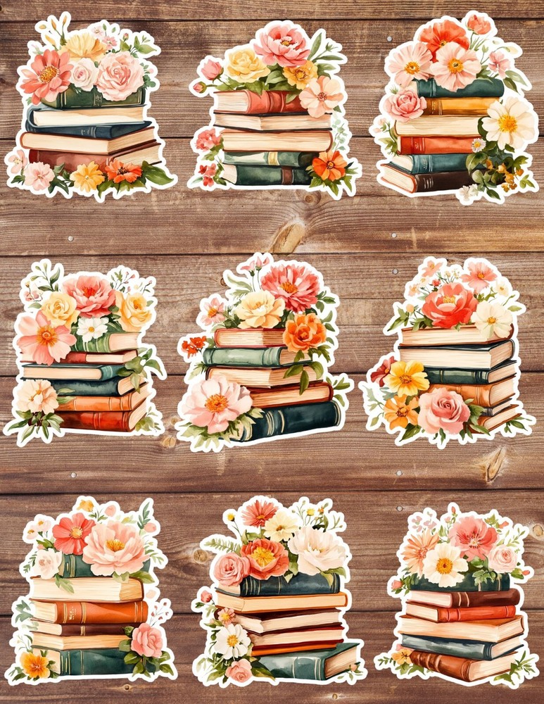 Books and Flowers Die Cut Vinyl Stickers Set Scrapbooking Laptop Waterbottle