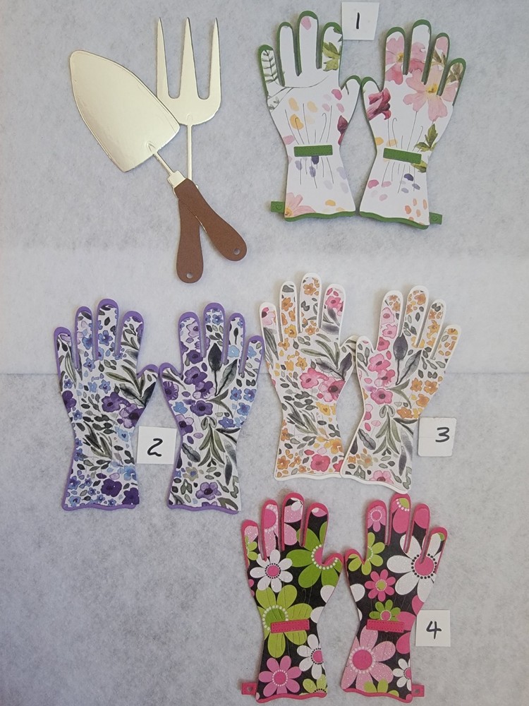 4pc. Lrg. Springtime Gardening Gloves & Tools cardstock paper die cut scrapbook