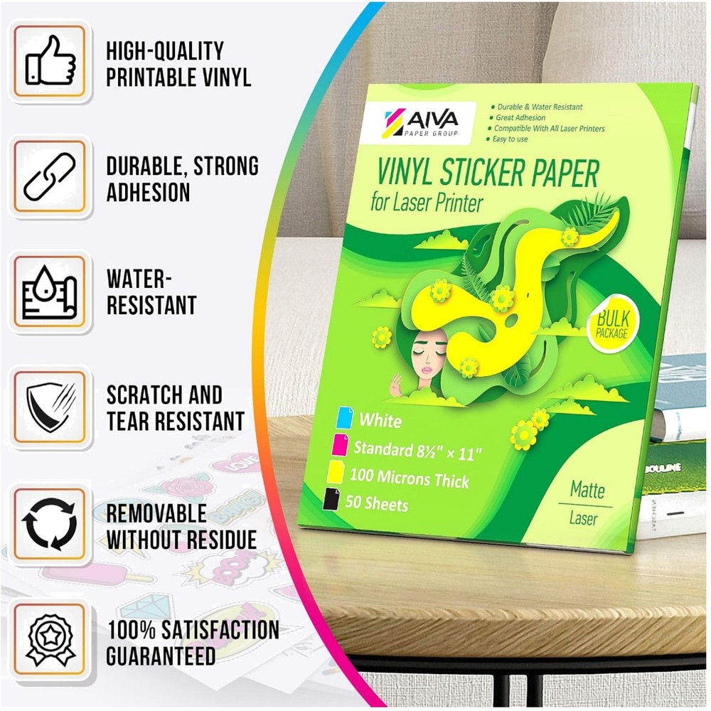 Laser Printer Vinyl Sticker Paper – 50 Waterproof Sheets