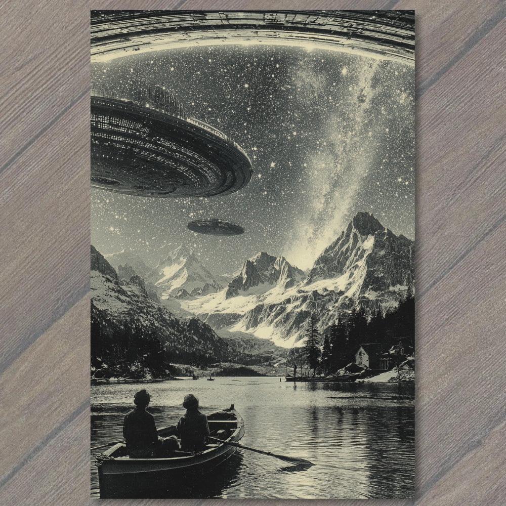 STICKER Huge Spaceship Floating Above Mountain Lake Star Galaxy View