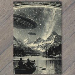 STICKER Huge Spaceship Floating Above Mountain Lake Star Galaxy View