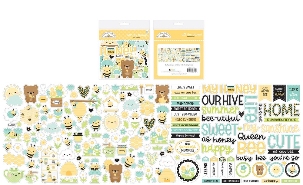 Doodlebug DieCuts All Things Bee Happy Bears Hives Honey Sayings Flowers Clouds