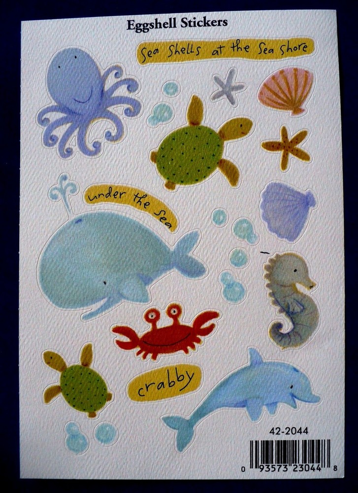 VINTAGE EGGSHELL UNDER THE SEA 1 SHEET 22 STICKERS WHALE CRAB SEAHORSE SHELLS