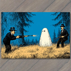 STICKER Men Shooting Ghost Blue Forest Suit Rifle Cartoon Paranormal Creepy Wo