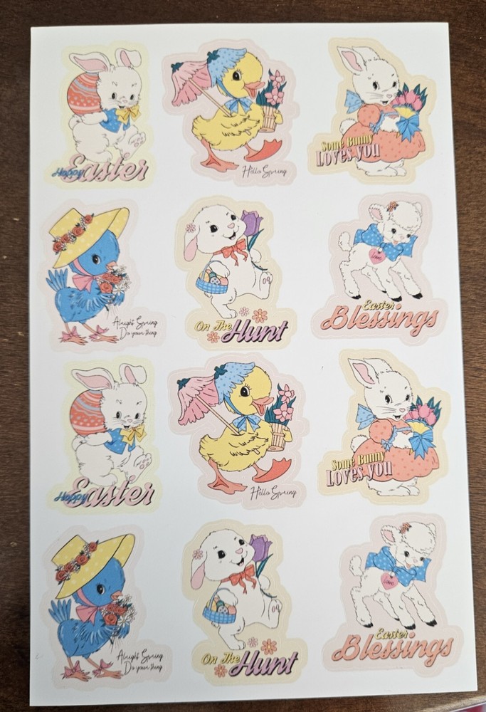 Cute retro vintage inspired EASTER themed sticker seals lambs, chicks, blue bird