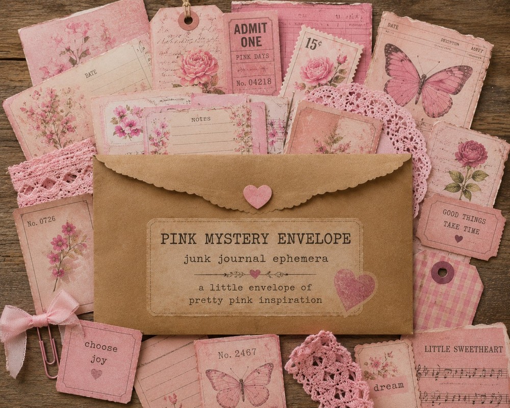Mystery Junk Journal Ephemera Envelope Vintage Scraps, Tags, Tickets, Pink