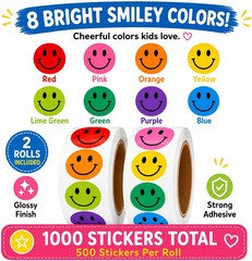 1000 Bulk Happy Smile Face Reward Stickers for Kids – 1 Inch Round Multicolor Sm