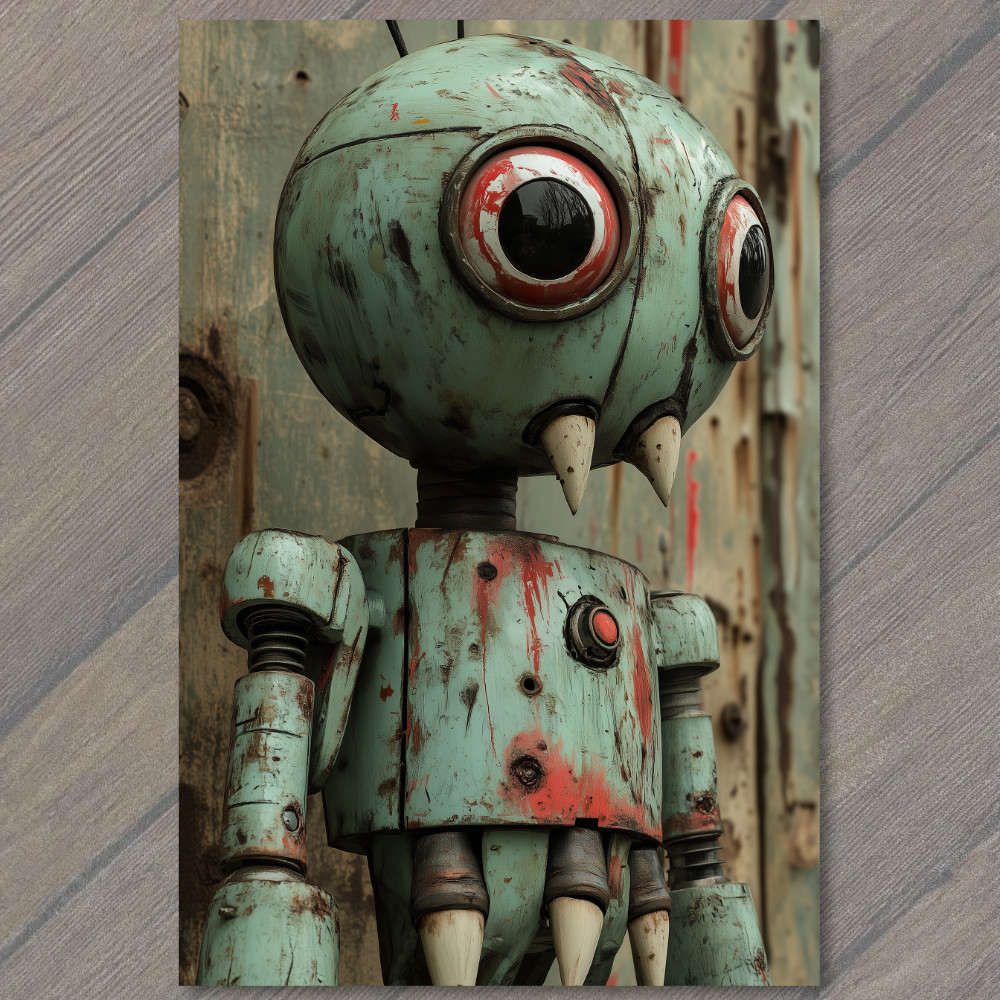 STICKER Rusty Monster Robot Spikes Eyes Grunge Toy Creature Urban Decay Dystop