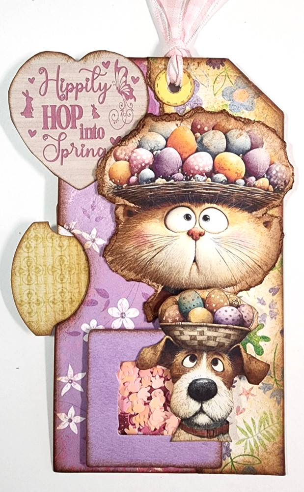 Easter Dog Cat Shaker Box Retro Kids Tags w/ Hidden Pocket OOAK #39 3D Handmade
