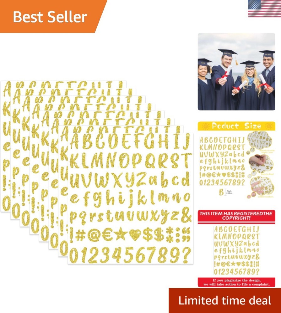 648 Pcs Gold Letter Stickers Glitter Alphabet Number Stickers 8 Sheets Self A…