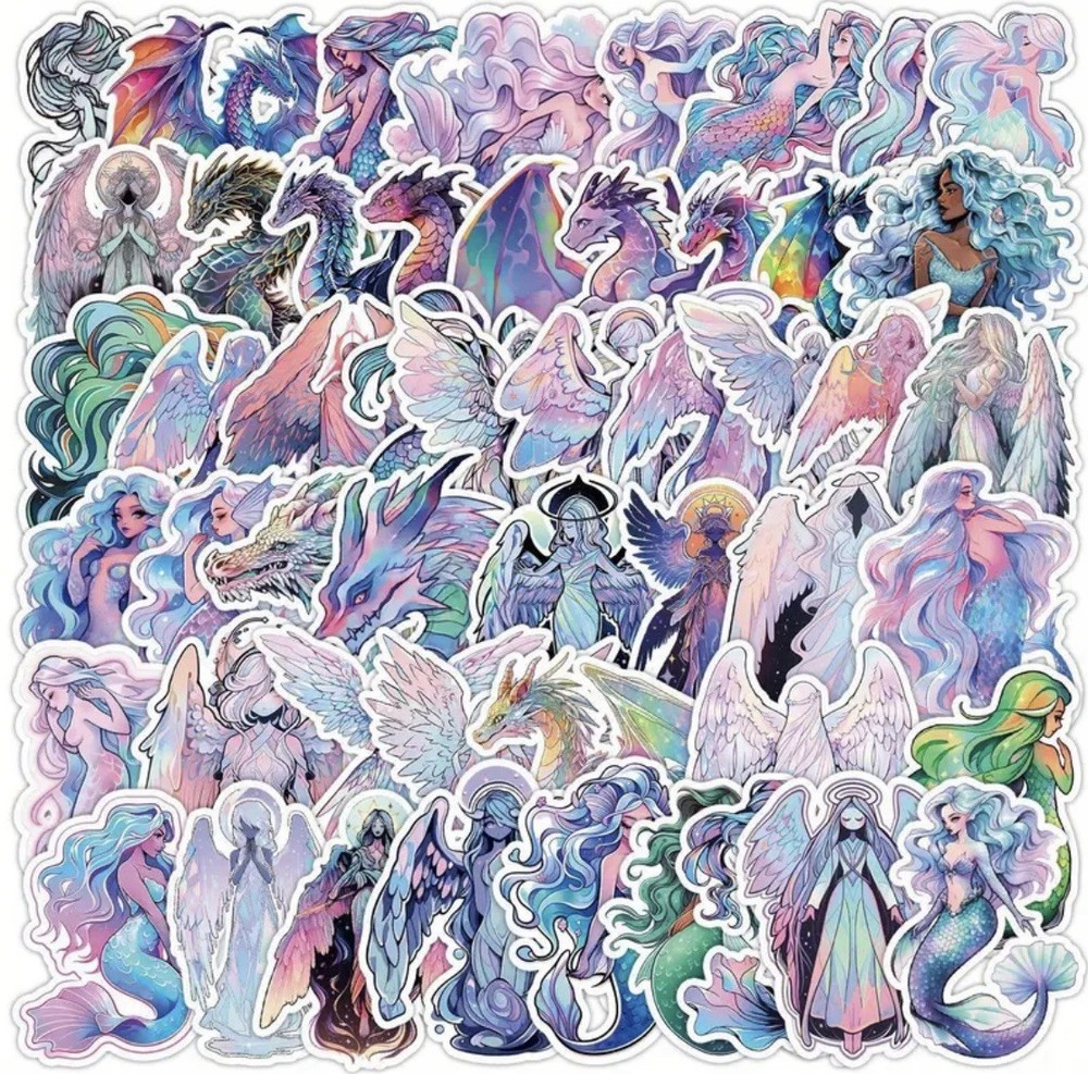 10pcs Pearl Dragon, Angel, & Mermaid Stickers- Scrapbook, Journal, DIY Crafts