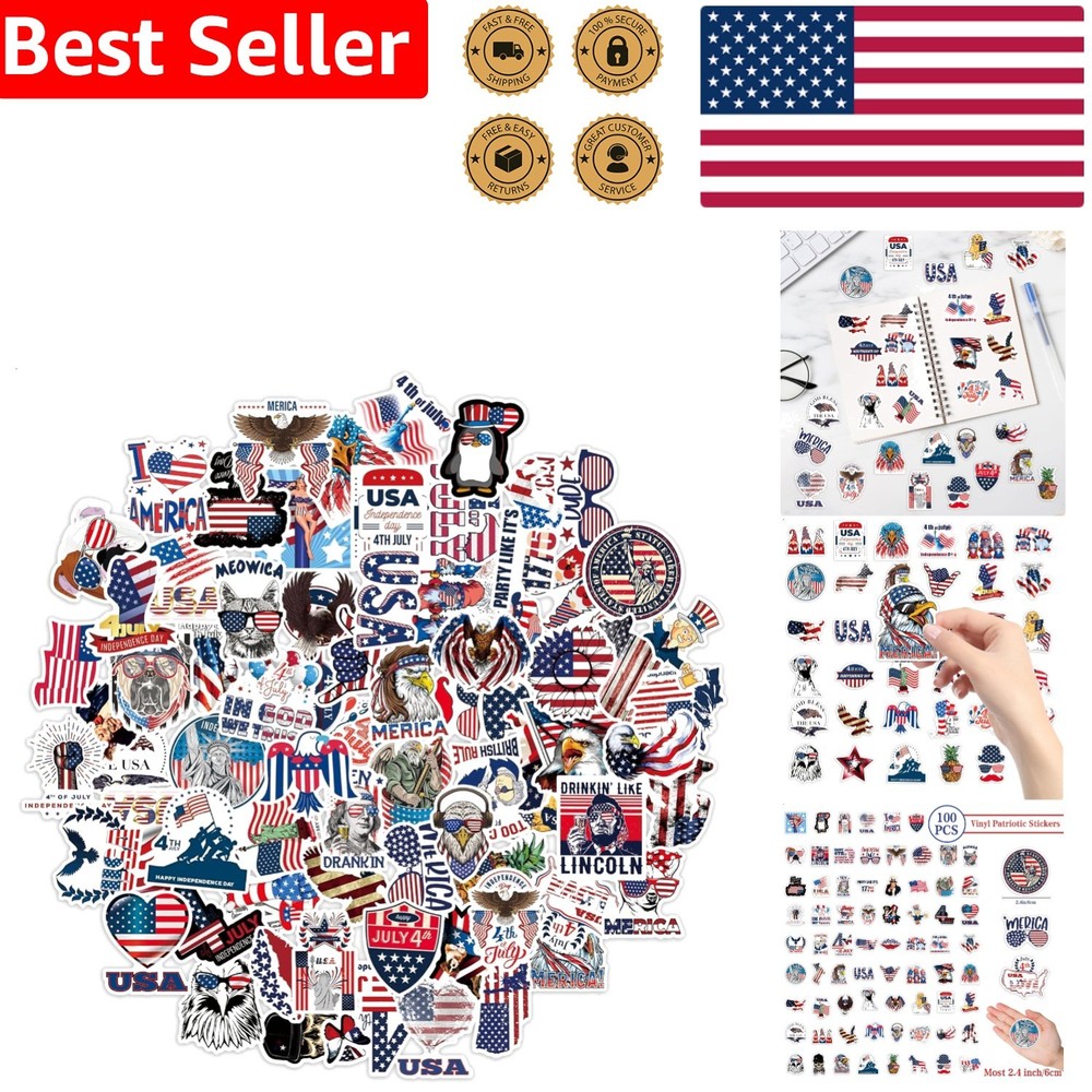Patriotic Sticker Bulk Lot 100 Assorted 4th of July American Flag Vinyl Decals