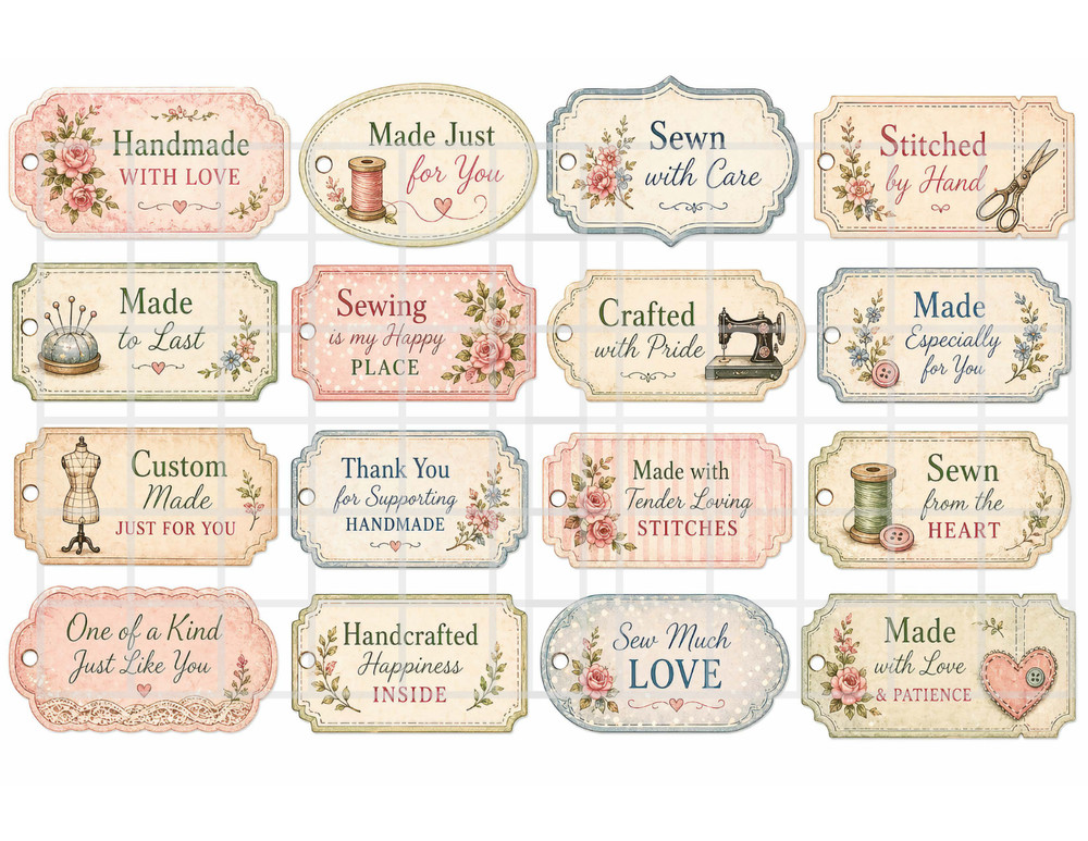 1 Pg Sewing Tags For Card Toppers Junk Journal Supplies Scrapbook Ephemera