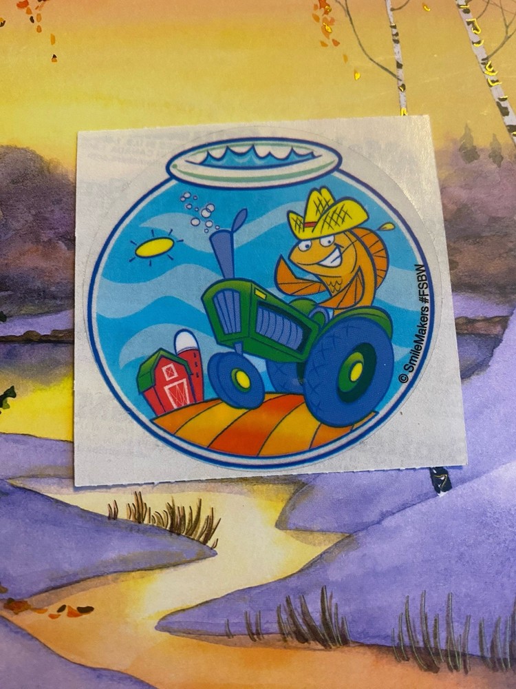 Vtg SmileMakers Farmer Tractor Goldfish Bowl Sticker Mod 2.5” Inches