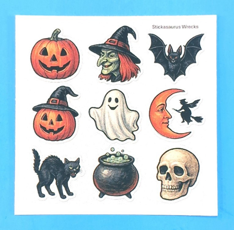 Vintage Style Mixed Halloween Mini Sticker Sheet Moon Witch Skull Brew Cat