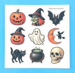 Vintage Style Mixed Halloween Mini Sticker Sheet Moon Witch Skull Brew Cat