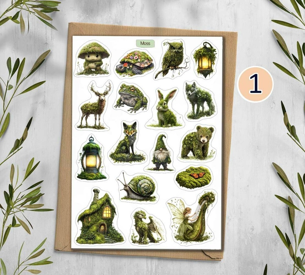Moss Stickers. Whimsical Forest Sticker sheet. Planner, Scrapbooking 345