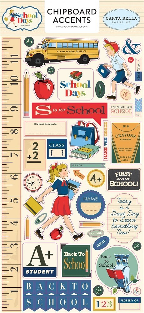 Carta Bella SCHOOL DAYS 6″x13″ Chipboard Accents Scrapbook Journal Planner
