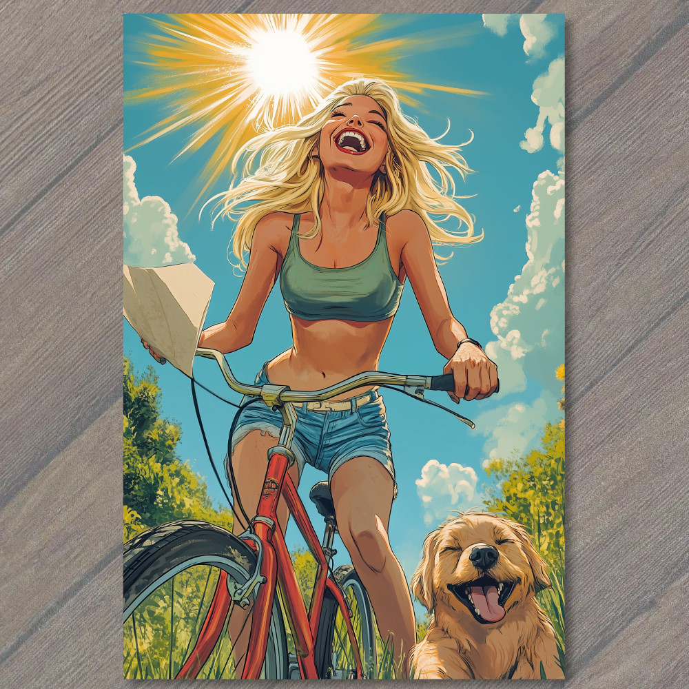 STICKER Woman Riding Bike Pack Dogs Forest Trail Blonde Smiling Outdoors Sun