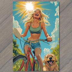 STICKER Woman Riding Bike Pack Dogs Forest Trail Blonde Smiling Outdoors Sun