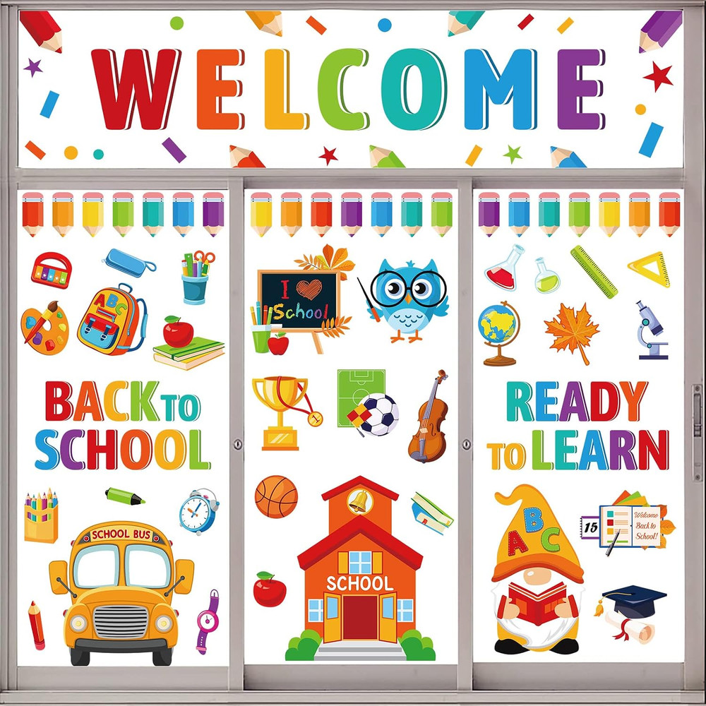 9 Sheets Welcome Back to School Window Clings Gnome Owl School Bus Stickers Doub