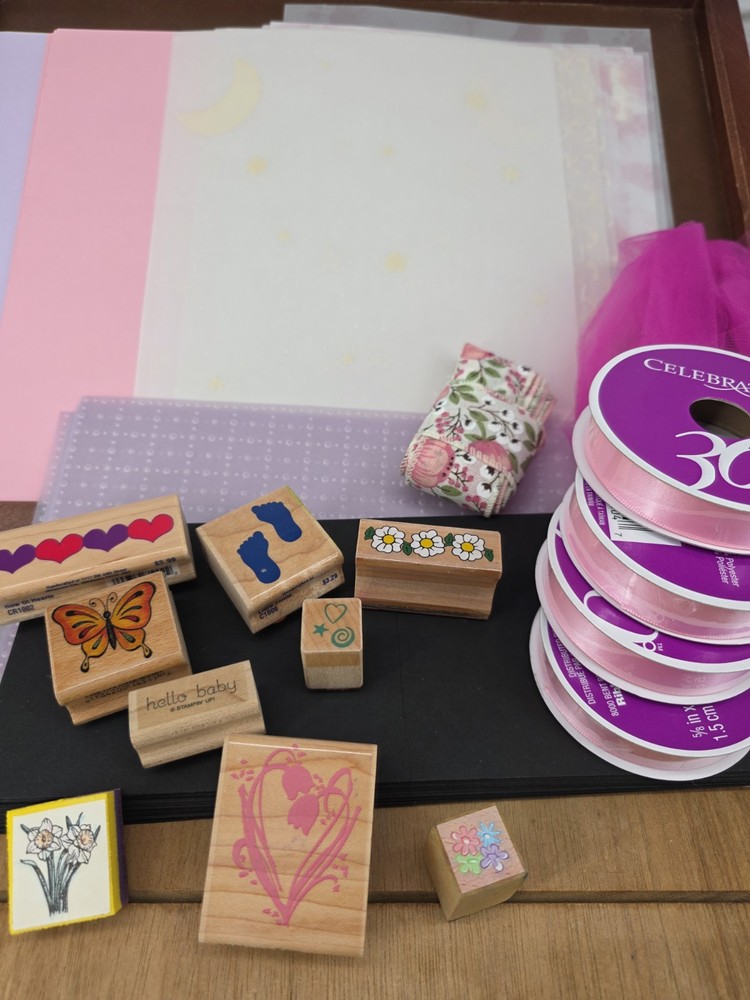 Mixed Scrapbooking Junk Journal Shadow Box Lot 6- Cardstock, Stamps, Vellum