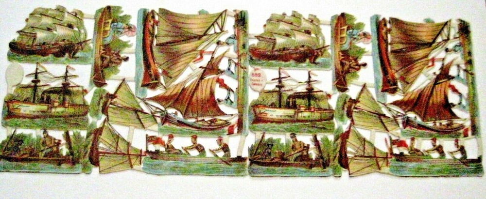 Fantastic Vintage Die Cuts of 1800-1900’s Sailing Ships w/ Sailors,Dog & Woman *