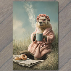 STICKER Groundhog Coffee Donuts Morning Robe Curlers Glasses Cozy Newspaper