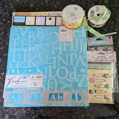 Gender Neutral Scrapbooking Lot 2 pads paper, Ribbons, Embellishments Lettering