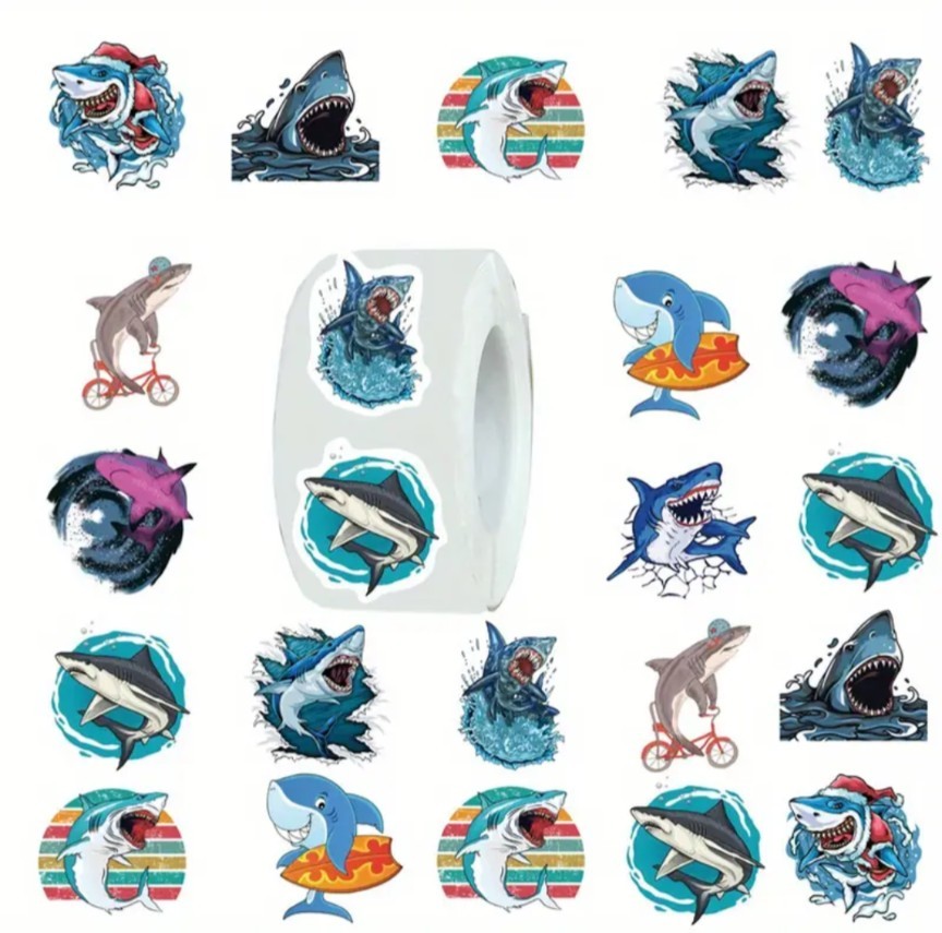 500 pcs Sticker Seals Roll NEW Cartoon Shark Theme Semi Gloss Self Adhesive SetB