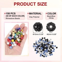 150 Pcs 10mm Clay Rhinestone Beads for Jewelry Making Black/Blue/White
