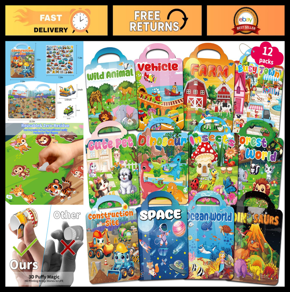 12 Set Reusable Sticker Books for Toddlers 2-4, 3D Puffy Stickers, Party Favors
