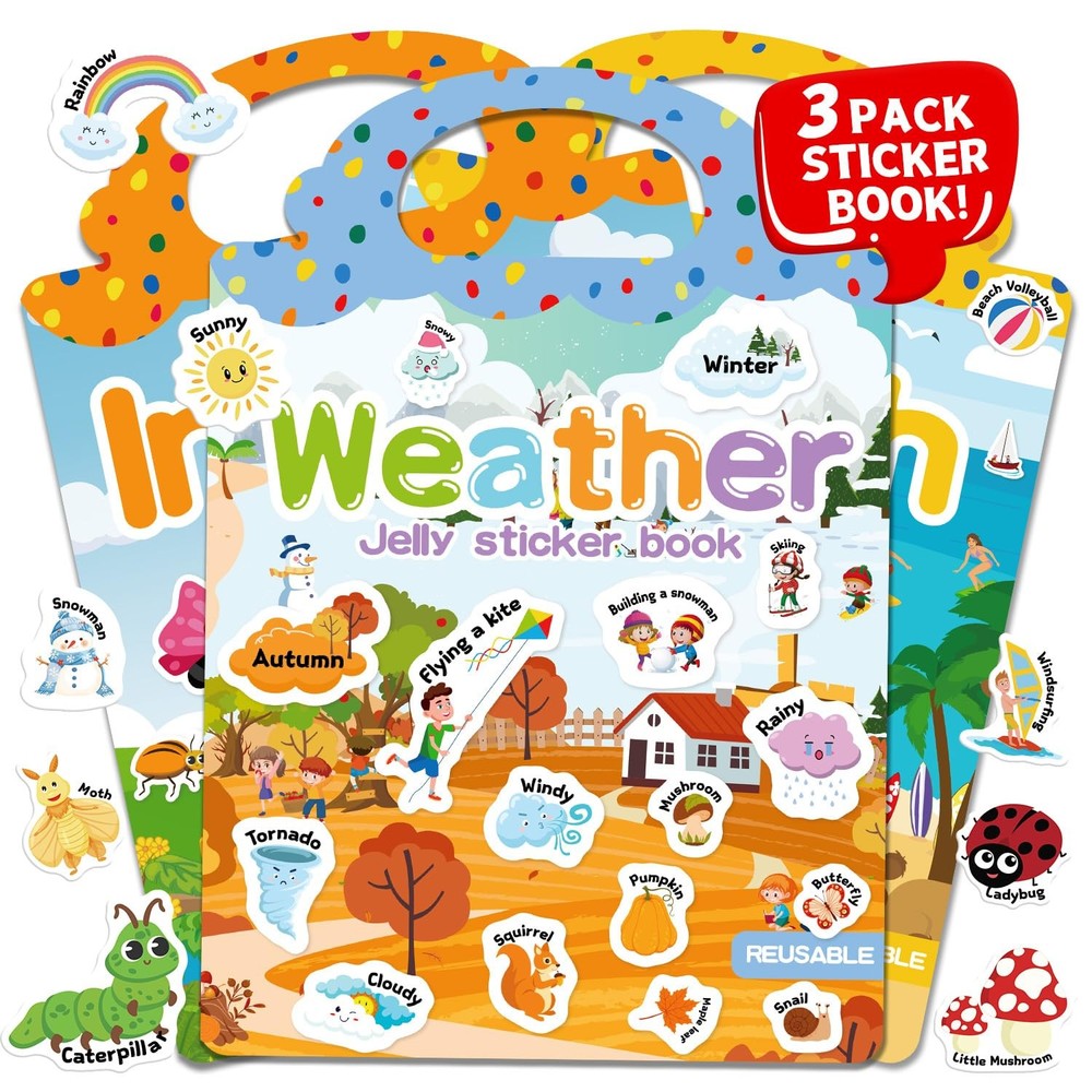 3 Sets Reusable Jelly Sticker Books 3-6 | Kids Travel Weather Insect Beach Toys
