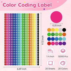 12000 PCS 1/4″ Small round Color Coding Dot Stickers – 20 Neon Colors, Removable