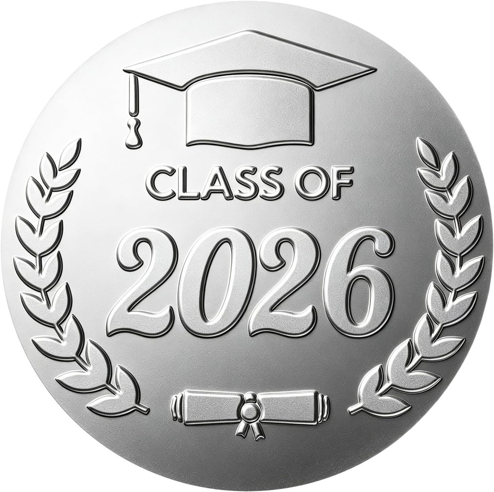 100Pcs Class of 2026 Stickers – Silver Foil Embossed Graduation Stickers 2 Inch