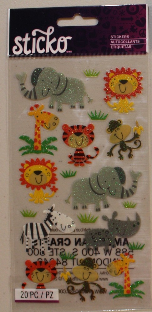 New Sticko scrapbook stickers ZOO ANIMALS Jungle Zebra Elephant Lion Monkey