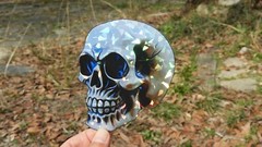 Pack of 2 – 4″ HOLOGRAPHIC Facing SKULLS Stickers BIG 4 inch skull STICKERS