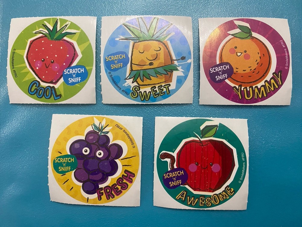 Set Of 5 Smile Makers Scratch N Sniff Sticker Mods Fruits 2.5” Inches Each