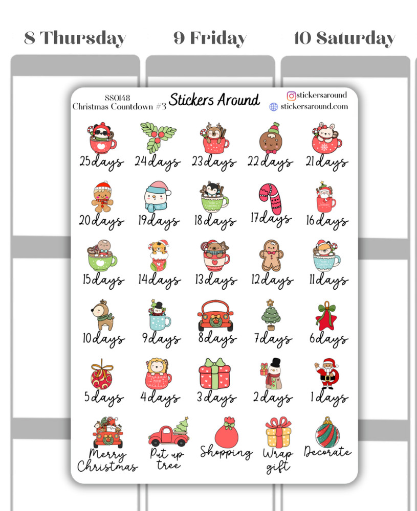 Christmas Holiday Countdown Planner Sticker #3, Calendar and Journal Sticker